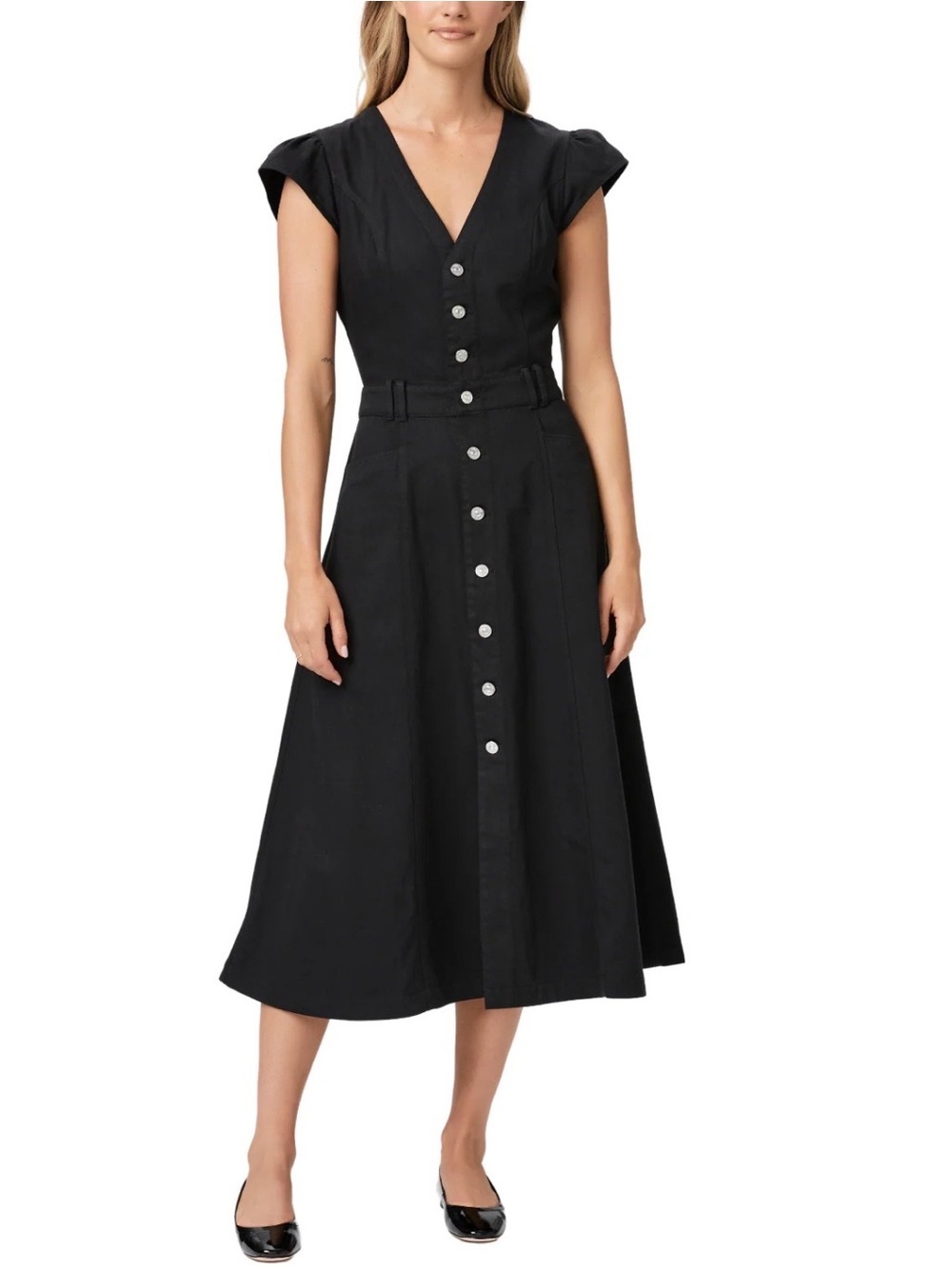 PAIGE Aida Midi Dress Black Button Front Cap Sleeve Dress Size 2